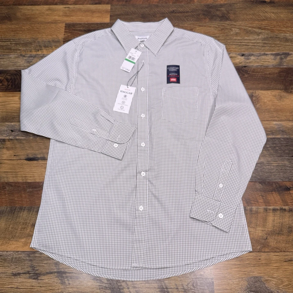 Camisa Haggar Tuckless Para Hombres Grande Mercurio Cuadros Abotonada Calce Ajustado Nueva Foto 2 de 4