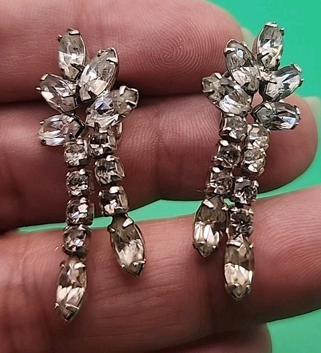 Vintage Sterling Silver 1950s Rhinestone Screwback Dangle Earrings