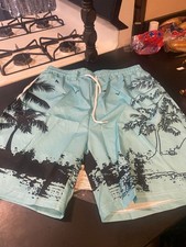PALM TREES Paradise Swim Trunks LARGE TURQUOISE SWIM WEAR OR SHORTS  New