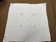 Vintage Embroidered Cutwork Lace White Linen/Blend Tablecloth 41" X 41"