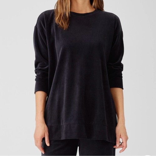 EILEEN FISHER Longtop Bio Baumwolle Velour Rundhals Schwarz XS