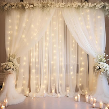 20 10Ft White Tulle Backdrop Curtain with Lights String for Parties, Sheer Photo
