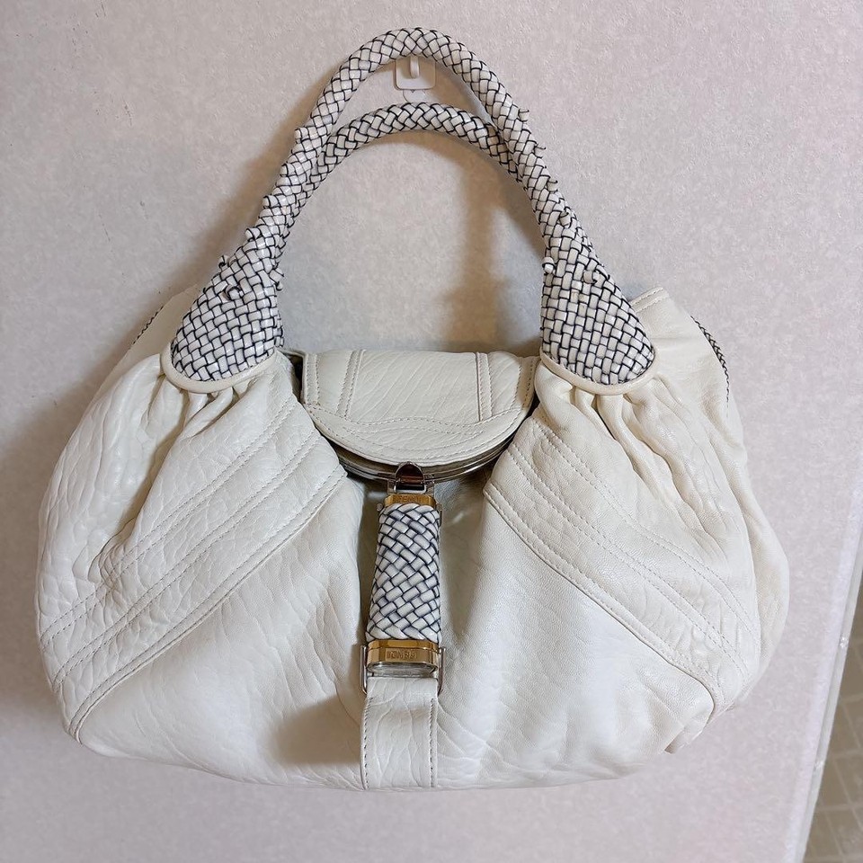 Fendi Spy Bag Intrecciato Woven Nappa Leather Hobo Handbag Off White Japan Used