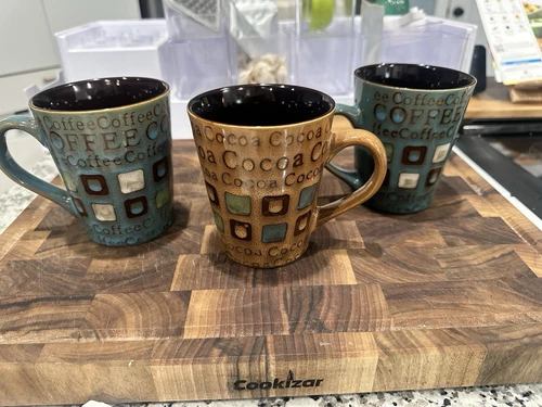 3 COFFEE LOVER MUGS, Retro 70s Vintage Look Drip Glaze Coffee Cups Natures Home