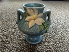 VINTAGE Roseville POTTERY CLEMATIS VASE  CIEL BLUE   DOUBLE HANDLES  6" TALL 40s