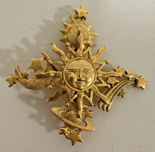 Vintage JJ Jonette Celestial Sun Moon Stars Planet Universe Gold Tone Brooch Pin