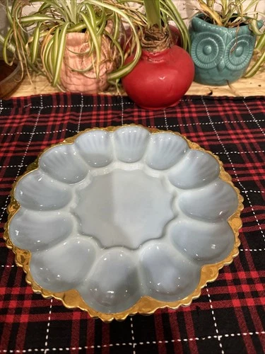Vintage Anchor Hocking Delphite Blue Milk Glass With Gold Edge Deviled Egg Plate