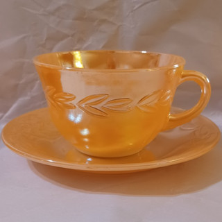 Fire King Oven Ware Peach Luster Cup & Saucer 8 Piece Set Laurel Leaf Design