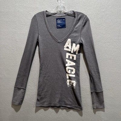 VTG Y2K American Eagle Ribbed Shirt Size M Gray Bella Swan V Neck Long Sleeve