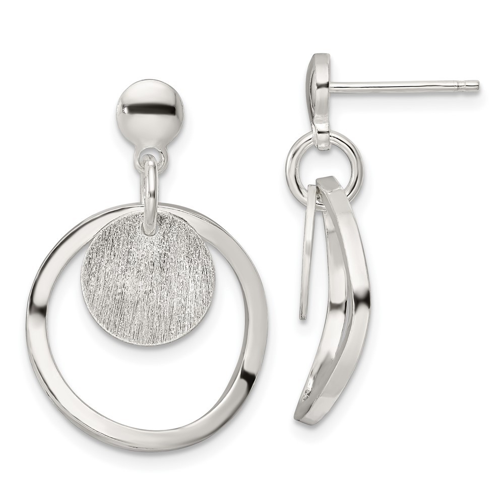 Sterling Silver Polished & Satin Circle Post Drop & Dangle Earrings L-26.35 mm