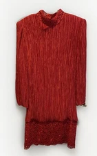 Vintage Pierre Labiche Crimson Pleated Lace Hem Dress Mock Neck USA 14