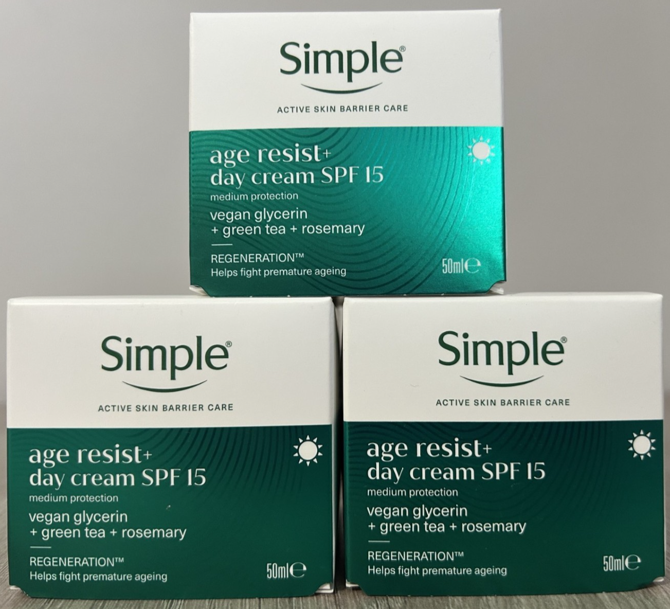 3 X SIMPLE AGE RESIST DAY CREAM MOISTURISER FOR FACE SPF15 REGENERATION  50ML