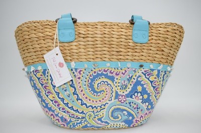 Vera Bradley Large Straw Tote Bag in ''Capri Blue'' with Sea Shell Trim
