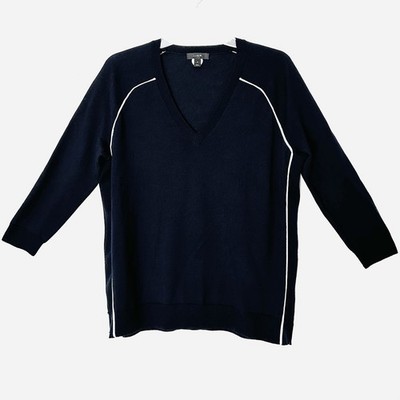 J.Crew Merino Tipped Side Panel V-Neck Sweater 100% Merino Wool Navy Small A0822