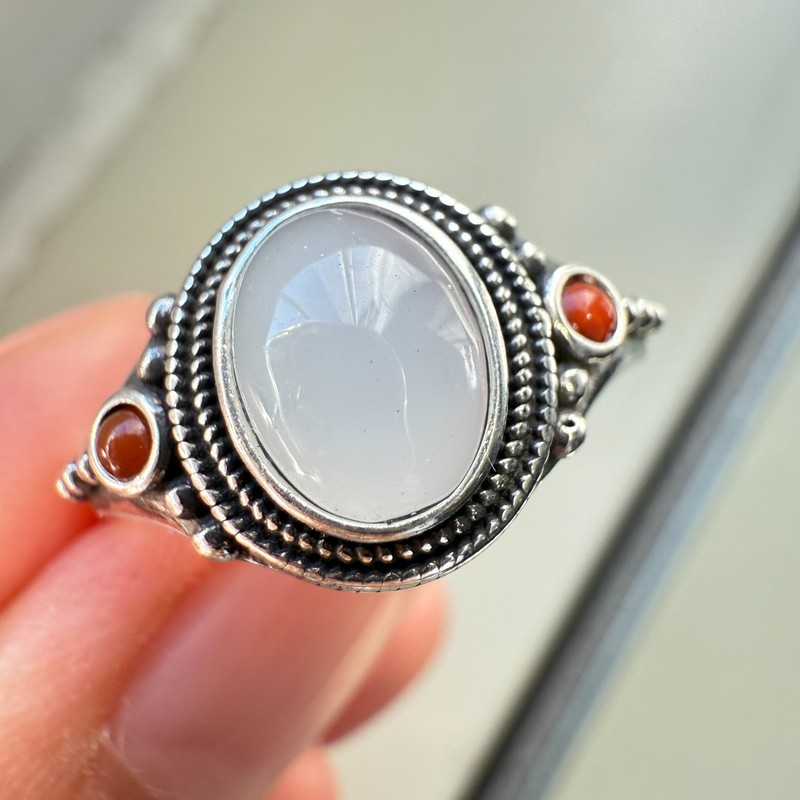 925 Sterling Silver Ring 8x6mm Natural Nephrite Jade&Agate Handmade Women Gift