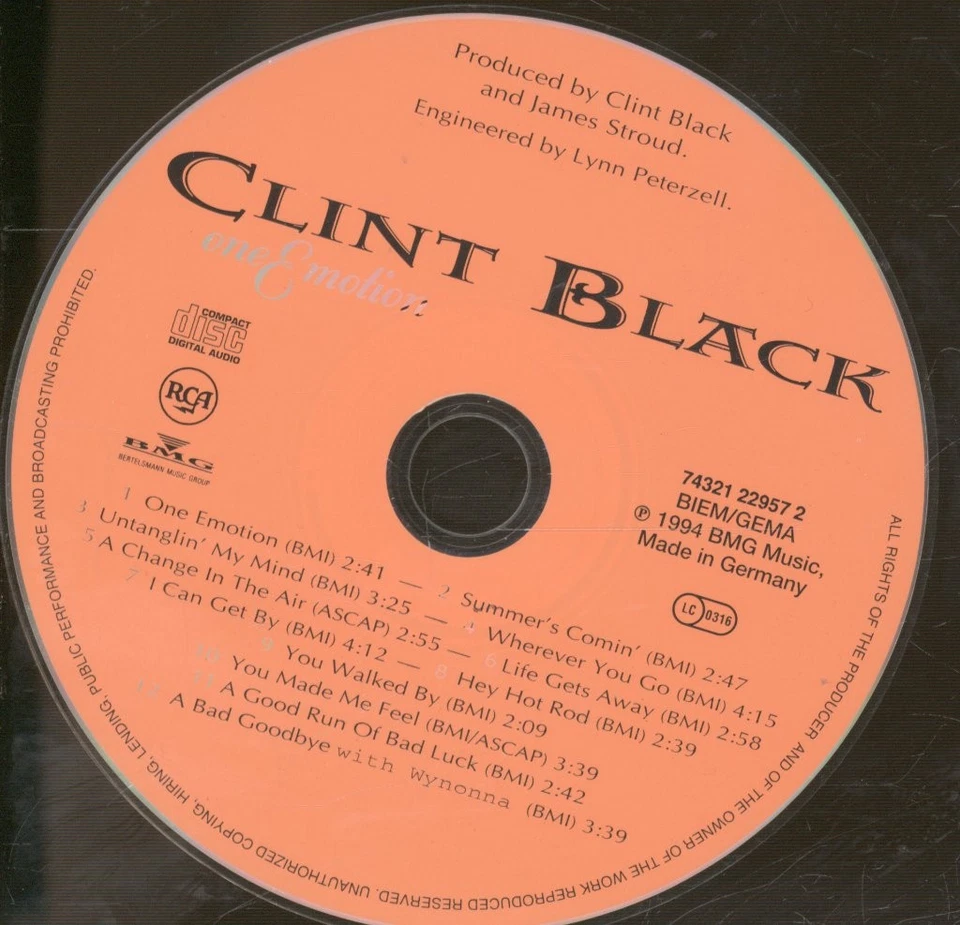 Clint Black One Emotion CD Deutschland RCA 1994 74321229572 - Bild 3 von 3