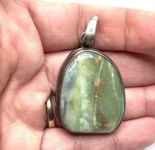 Vintage Artisan Sterling Silver Green Prehnite Stone Large Drop Pendant 18.2g