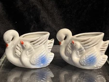 Toothpick HOLDER Porcelain Swan Mom Baby JAPAN Pair of (2) Vintage