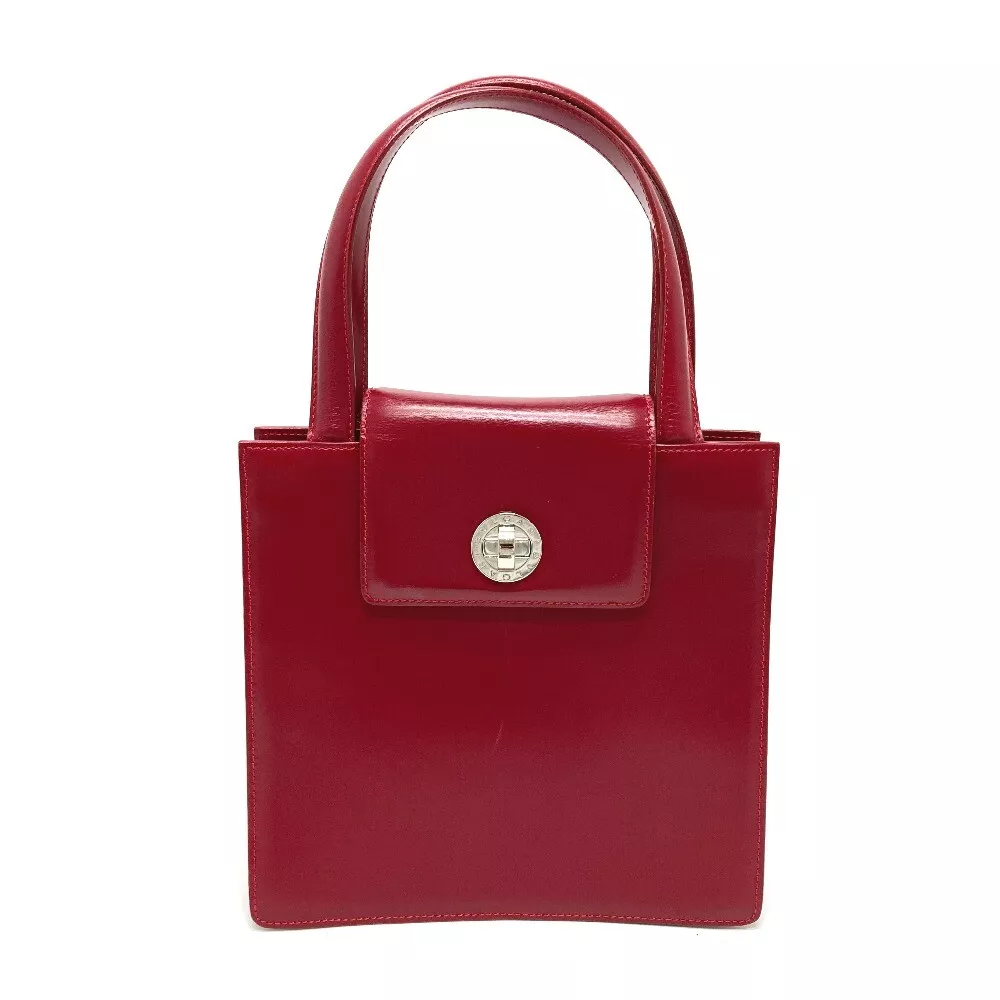 BVLGARI logo 2WAY Shoulder Bag Square Bag Tote Hand Bag Leather Red