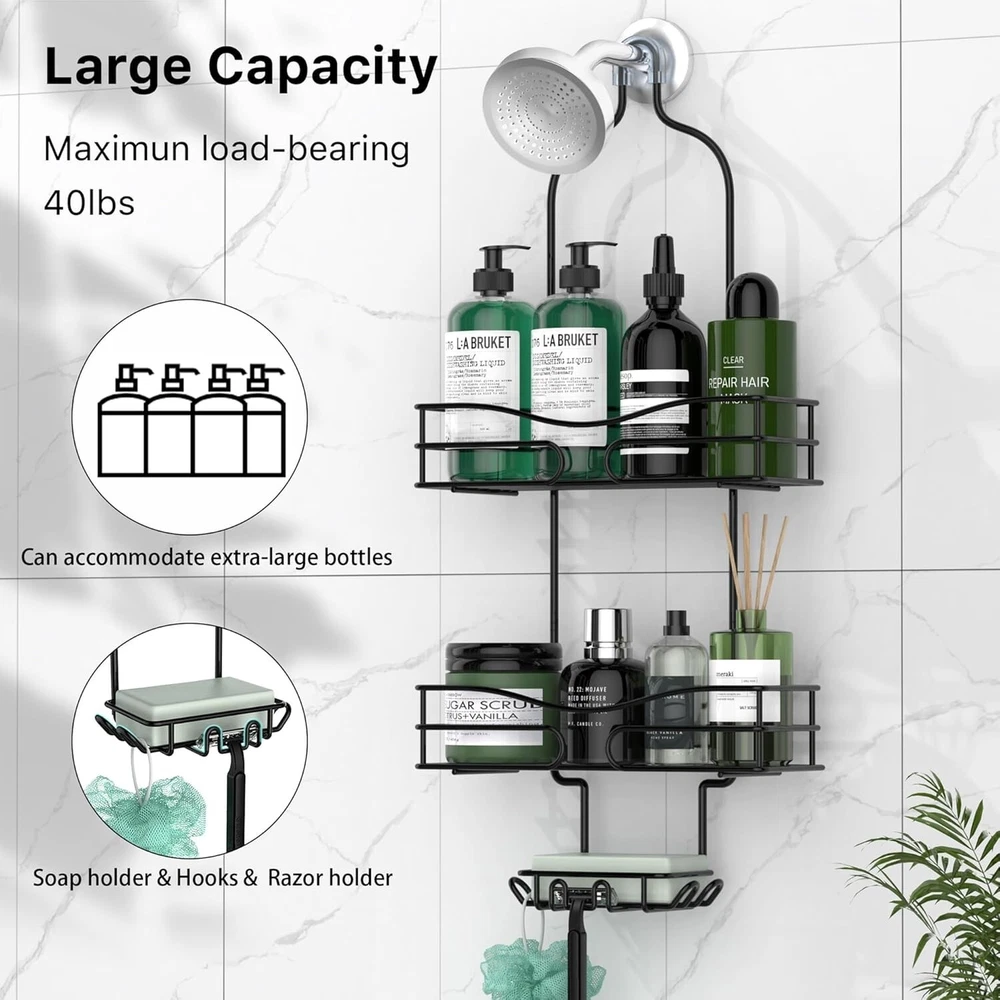 shower caddy over shower head 3 tier rustproof hanging shower organizer with