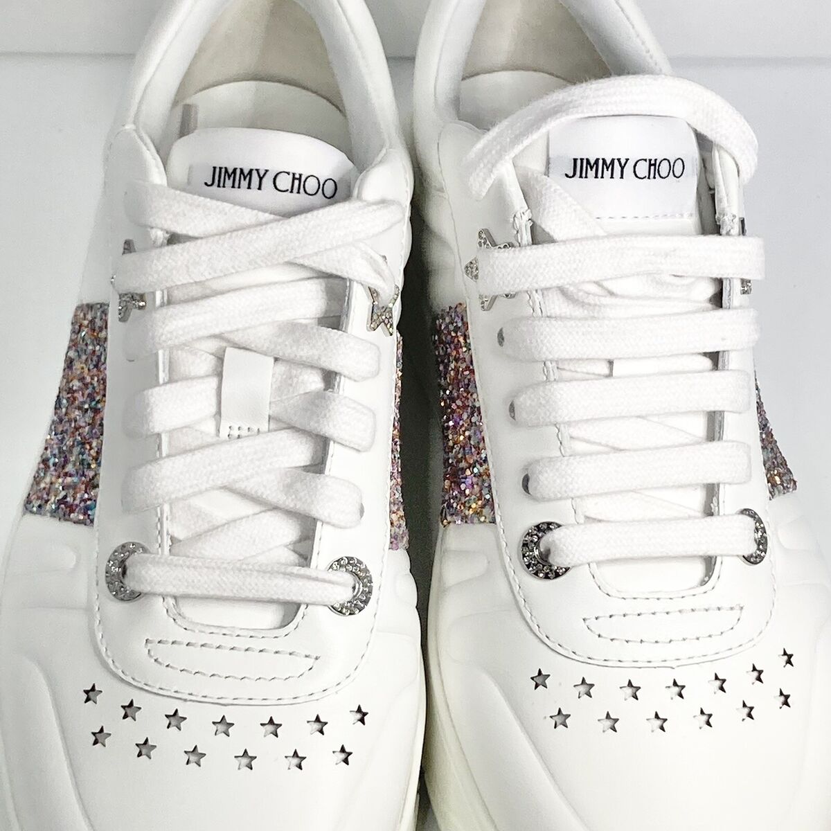 New Jimmy Choo Hawaii Glitter Leather Sneakers Size 37.5EU/7.5US $580