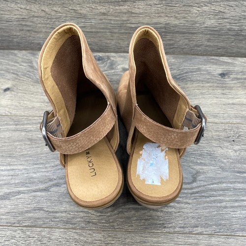 Lucky Brand Boho Sling Back Block Heel Bootie Shoes Women's Size 7 Tan Peep Toe - Picture 6 of 14