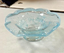 Vintage Blue Bubbled Glass Footed Compote Candy Trinket Desert Dish
