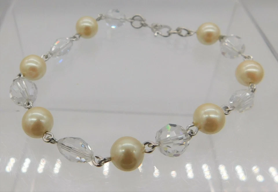Monet Cream Faux Pearl Clear Faceted  Bead Silver Tone Sister Clasp Bracelet - Image 3 of 4