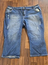 Capri Cropped Jeans Stretch Distressed Embroidered Medium Dark Blue Size 28