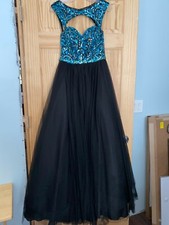 Alyce Paris Formal Gown W/Garment Bag Black Bottom and Aqua Sequin Top Size 4