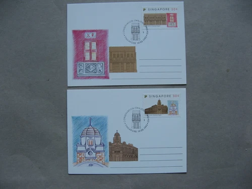 SINGAPORE, 2x ill. prestamped PC FDC 1993, conservation building