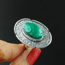 Natural Malachite Oval Gemstone 925 Sterling Silver Proposal Women's Ring