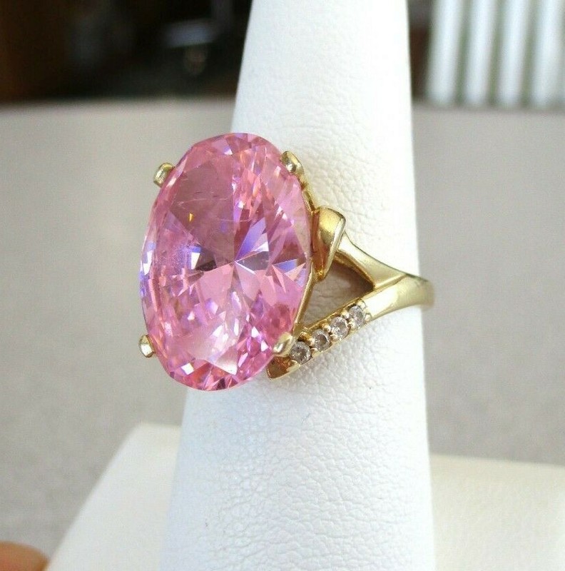 14K Yellow Solid Gold Diamonique Pink Rink Size 7.5 R5