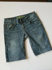 Womens Hydraulic Blue Denim Stretch Shorts, patch pocket distressed, sz 9/10