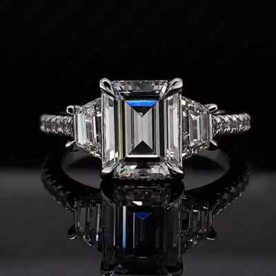 4.05 TCW Emerald Moissanite Three Stone Engagement Ring In Solid 9K White Gold