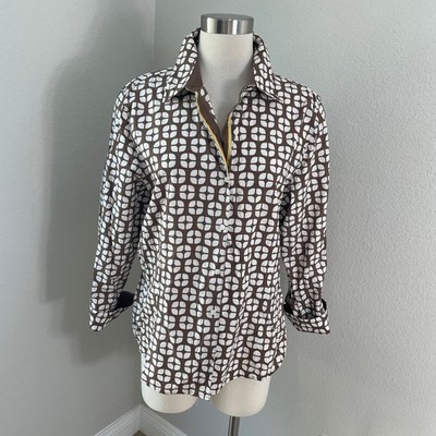 Foxcroft Womens 16 Wrinkle Free Fitted Shirt Brown White Geometric Tile Blouse