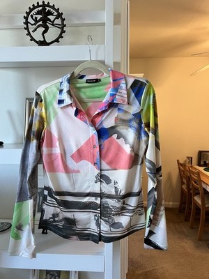 Desigual Abstract Print Button-Up Shirt Jersey Stretch Women's M  