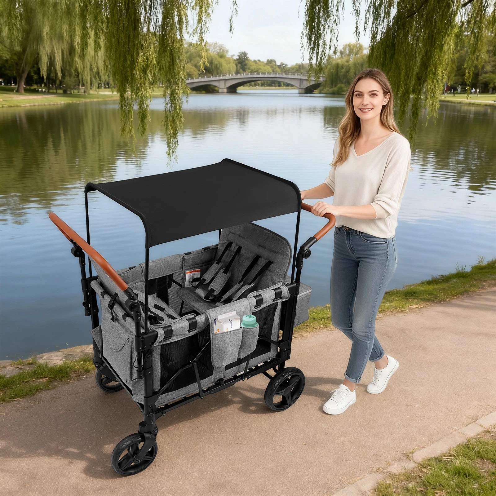 Folding Baby Stroller Wagon Cart For 4 Kids--High Seat With Canopy Face To Face