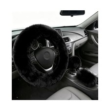3PCS Fluffy Steering Wheel Cover Set, Cozy Stylish Wool Car Steering Black