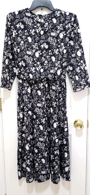 VINTAGE Sue Sherry Long Pleat Blouson Dress 12 Large Black White Floral 3/4 Slv