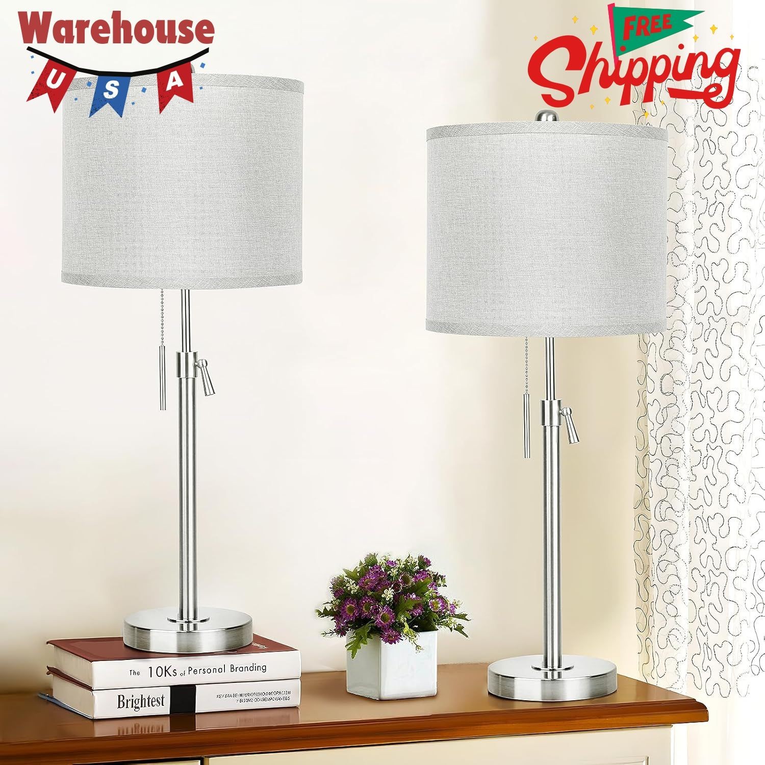 Table Lamps Set Of 2: 22" To 30" Height Adjustable Nightstand Lam