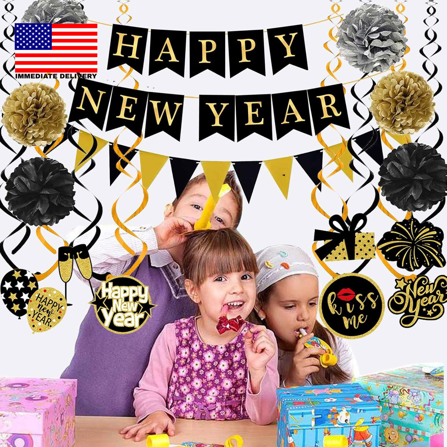 Happy New Year Banner Pom Poms Triangle Flag Swirls Garland Hanging Bunting for 