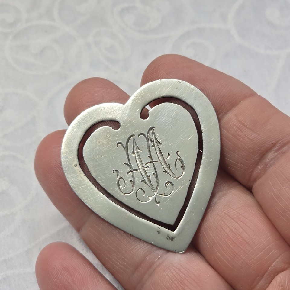 Vintage Mexican Silver Heart Shaped Monogrammed AA Bookmark 5.39g