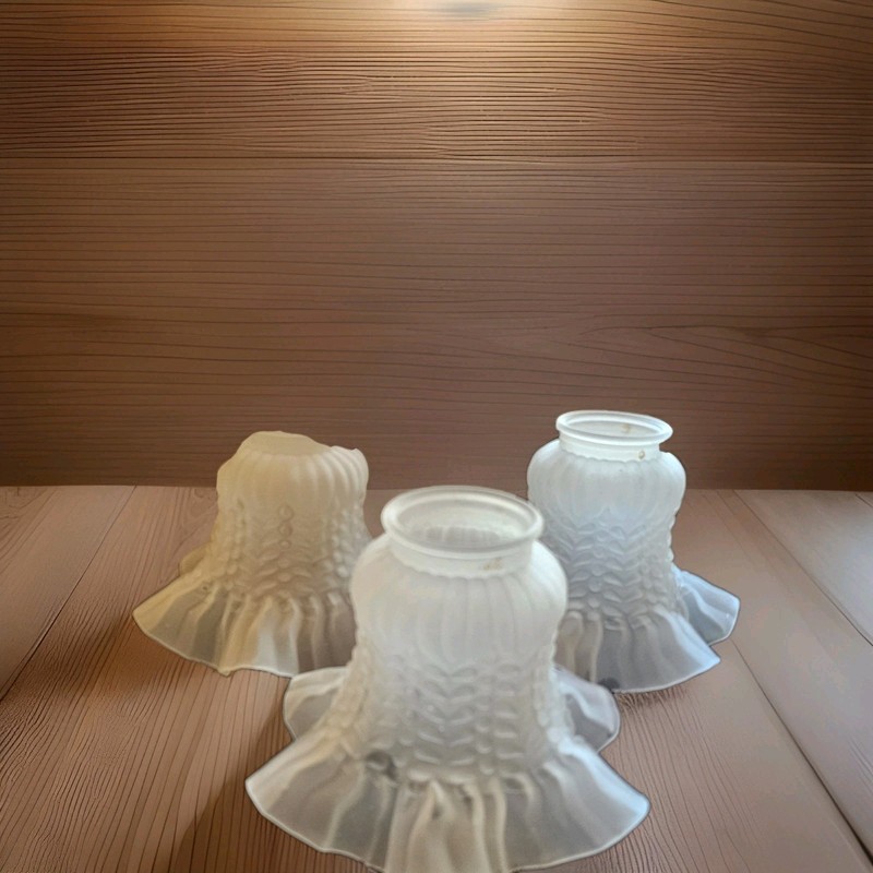 Set of 3 Frosted White Glass Ruffled Bell Lamp Shades for Adults