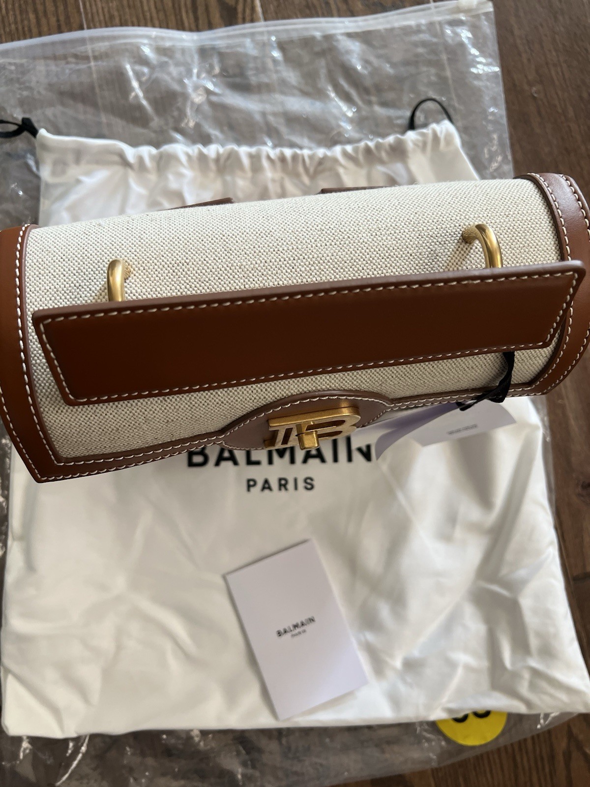 Balmain B-Buzz 23 Logo Canvas & Leather Top Handle Bag Natural image 6