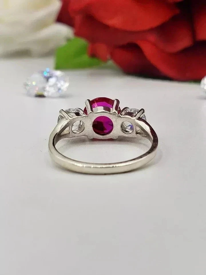 Anillo de boda real de diamantes y rubíes naturales certificados corte redondo de 3 quilates de oro blanco Foto 4 de 4