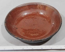 Antique redware dish soup serving bowl brown lead glaze 18th 19th c shallow