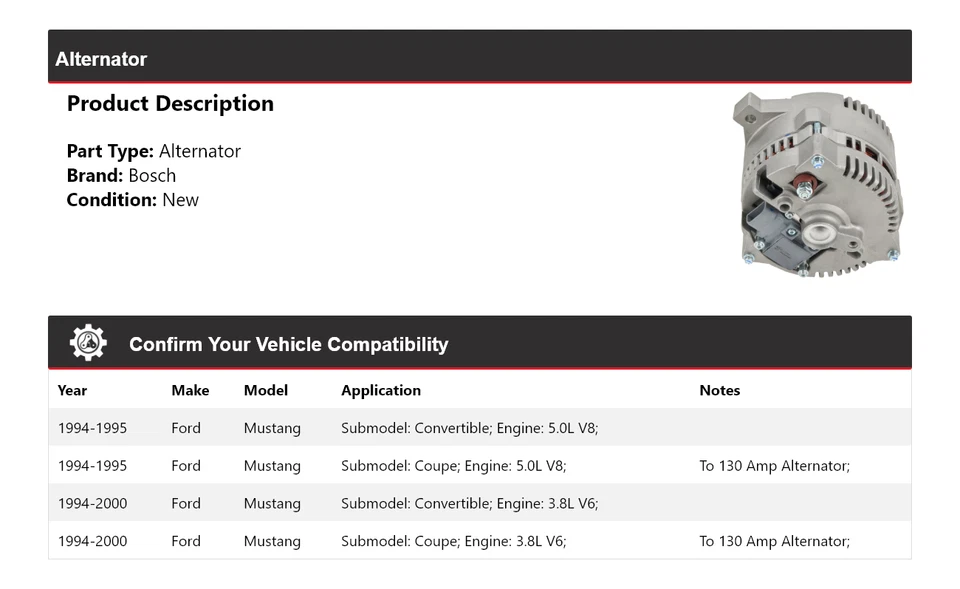 For 1994-2000 Ford Mustang Bosch Alternator (New) 1995 1996 1997 1998 1999 - Image 2 of 4