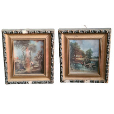 Antico Miniatura Coppia Quadro Italia Paesaggio con Cornice preziosa dorata 900