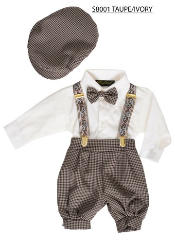 BABY KIDS BOYS PATTERN OUTFIT 5 PIECES SET SHIRT, BOW TIE, PANT, SUSPENDER & CAP - Picture 4 of 4